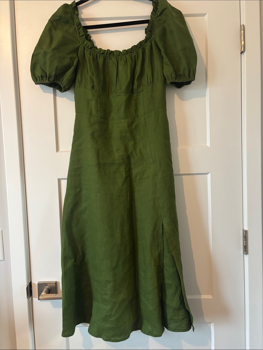Reformation Olive Green Linen Puff-Sleeve Midi Dress